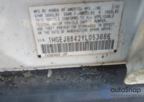 2000 Honda Civic Ex z USA, uszkodzony, nr VIN 1HGEJ8642YL053886